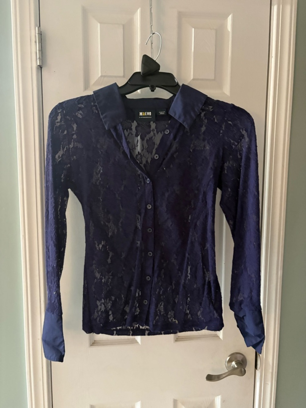 Maeve Navy Lace Button-Up Blouse with Satin Trim